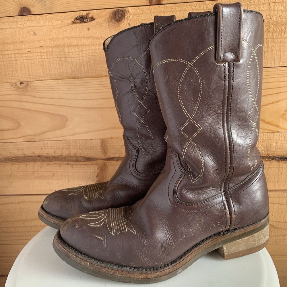 Double H Steel Toe Western Work Boot‎ Mens 8.5 Worn Distressed Brown Stitched HH